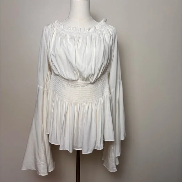 Belle Pogue White Smocked Waist Peasant Blouse Bell Sleeve Festival Top Sz 2XL - Picture 1 of 13